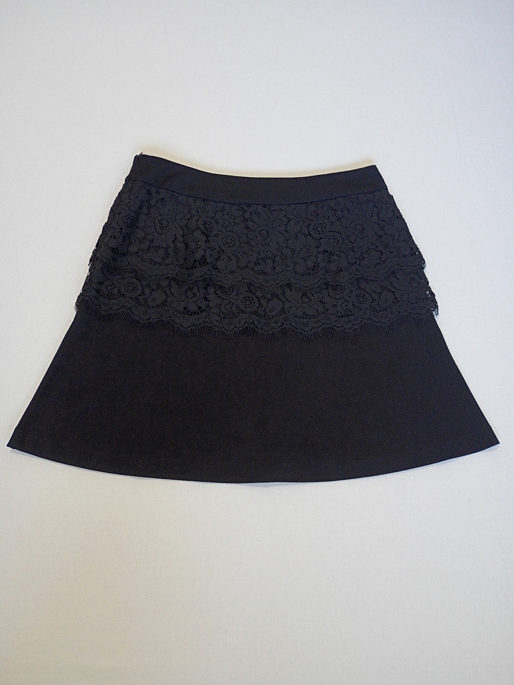 Cabi Size 10 Black Soirée Mini Skirt Tiered Lace Accent A-Line Whimsigoth